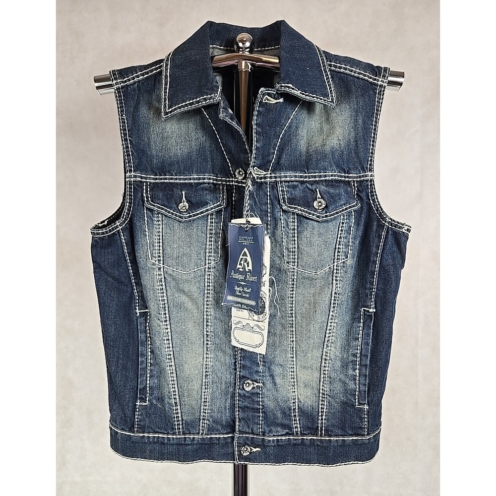 Antique Rivet Jean Vest Womens Size Small Distressed Denim‎ Vintage Jacket NWT